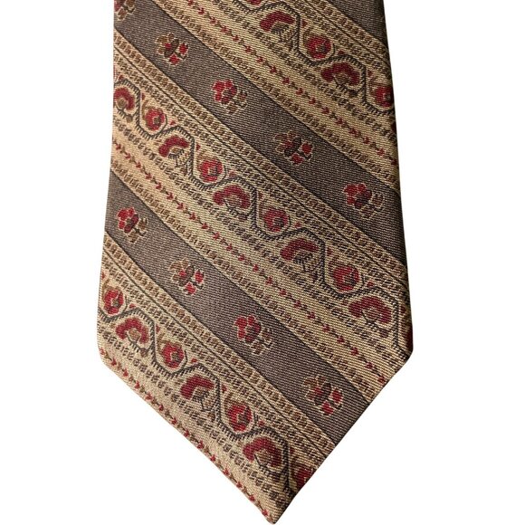 Vintage Yves Saint Laurent Men's Vintage Floral and Stripes Silk Tie Brown & Red - Picture 2 of 6